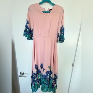 Chic Long Sleeve Pink Dress with Blue Floral Design